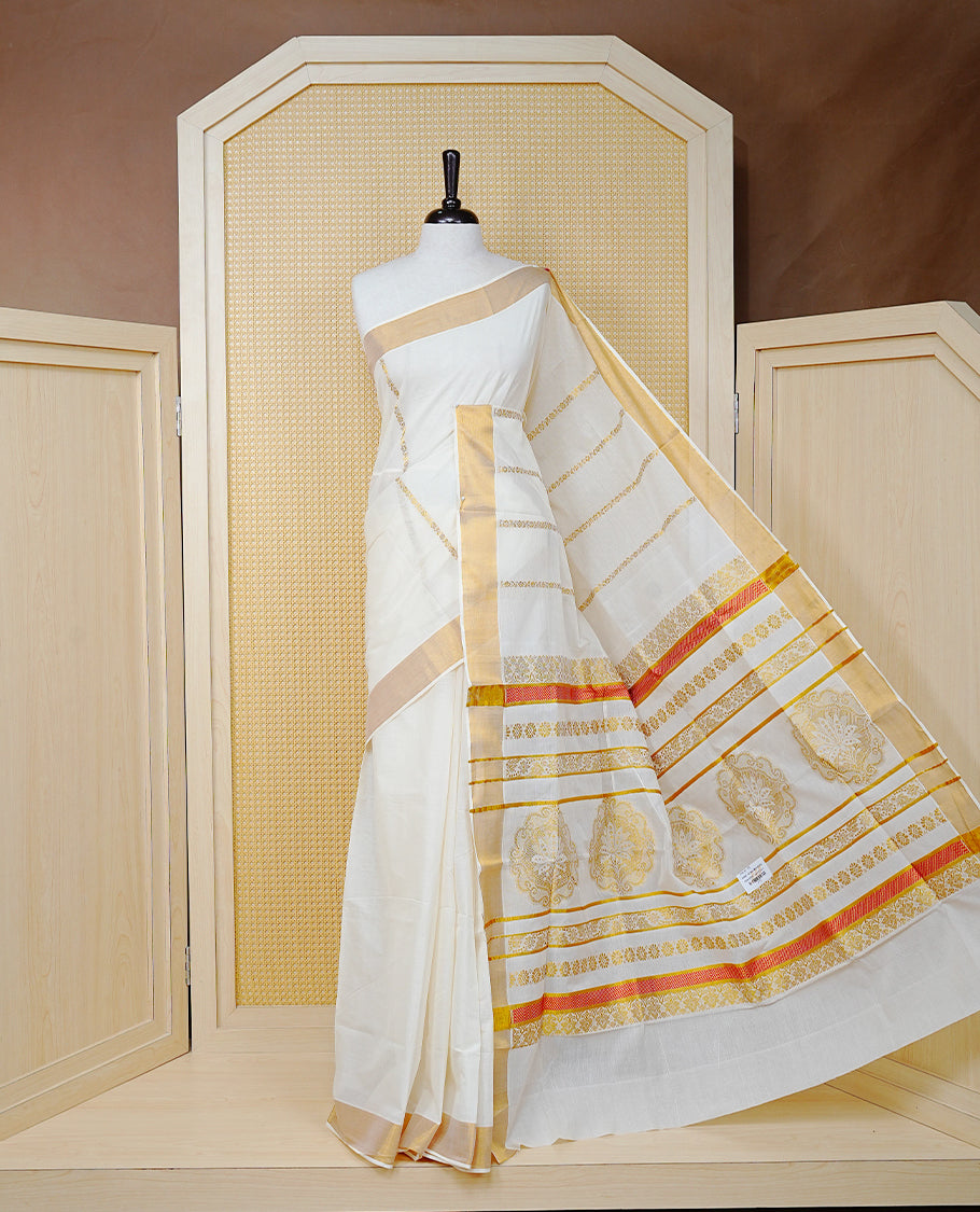 Cream Colour Cotton Kerala Saree Featuring an Elegant Plain Body, a Classy Gold Zari Border, and a Traditional Gold Zari Pallu with Orange Accents, Paired with a Matching Blouse Piece.