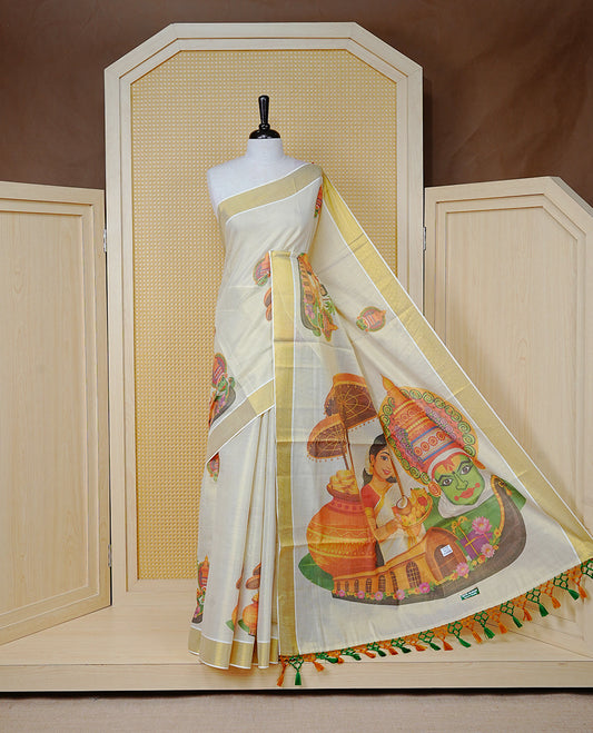 Cream Colour Tissue Kerala  Saree Featuring A Digital Onam Theme At Body &  Pallu, Paired With A Matching Blouse Piece.
