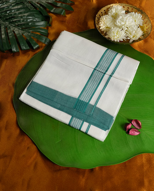 White colour cotton dhoti with a graceful teal border featuring fine stripe detailing, offering a simple yet elegant traditional look & Perfect for rituals, weddings, and festive occasions with timeless charm.