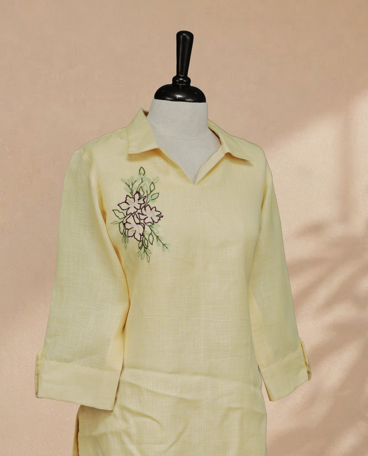 Yellow Colour Kurti with Floral Embroidery, Collared V-Neck and Sleeves