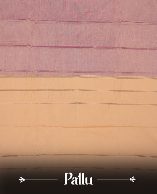 Beige & violet double shade colour Narayanapattu cotton saree featuring a self coloured body, contrast black colour zari border and pallu, pairing a matching blouse piece.