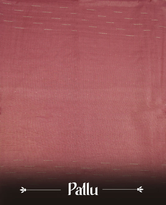 Pink colour semi jute saree highlighting gold zari stripped body with white motifs, without border and paired with matching blouse.