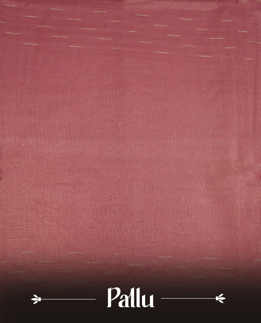 Pink colour semi jute saree highlighting gold zari stripped body with white motifs, without border and paired with matching blouse.