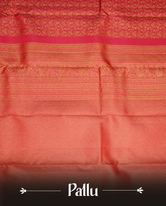 Red colour kancheepuram silk saree featuring gold zari pattern across body, complemented by selfcolour border traditional zari border, paired with matching blouse piece.