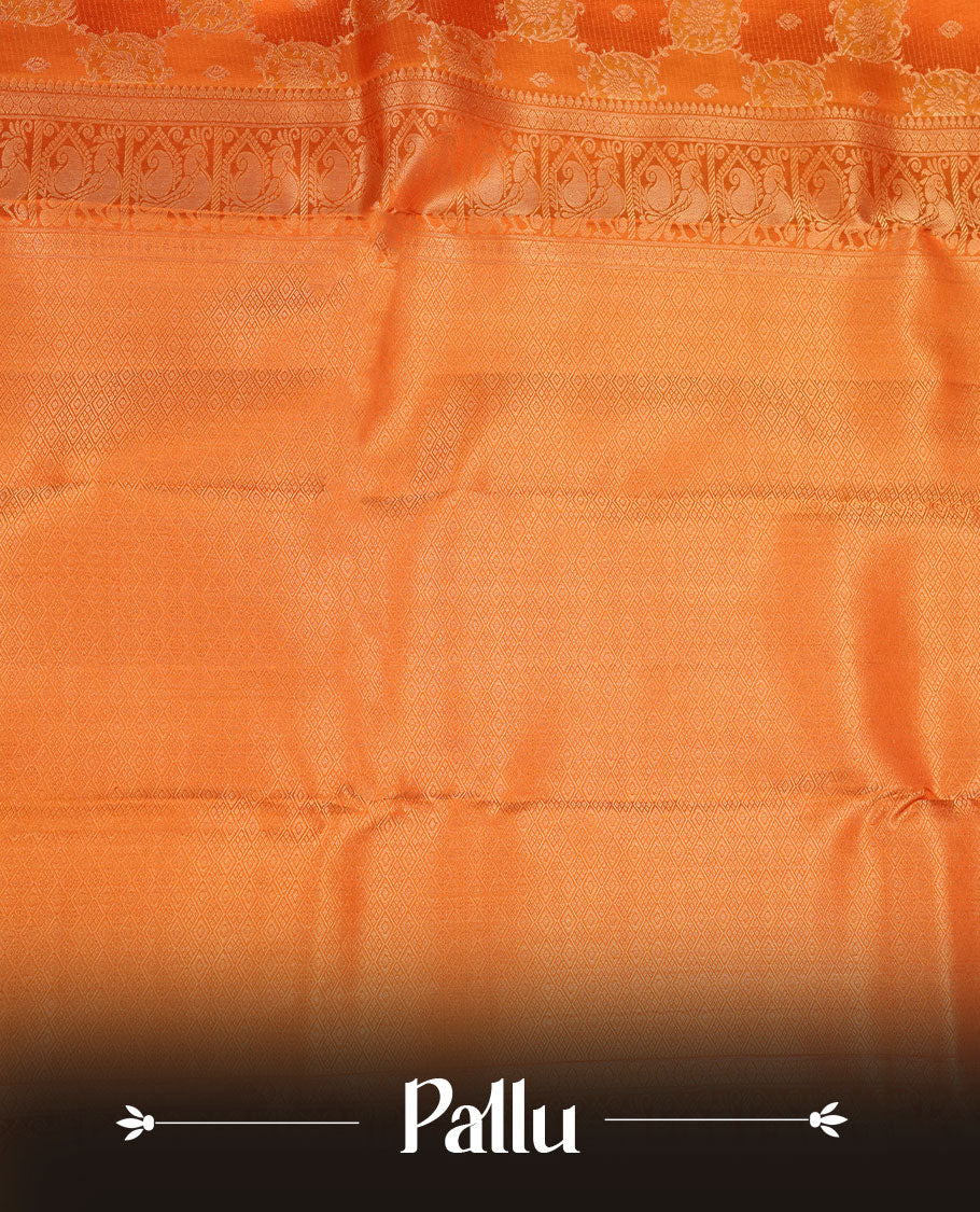 Golden mustard colour kancheepuram silk saree featuring floral meena zari jacquard on body with traditional border, paired with matching blouse piece.