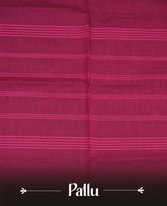 Rani pink  colour chettinad cotton saree featuring Elegant plain body,Contrast Grape colour with Gold zari border, comes with matching blouse piece.