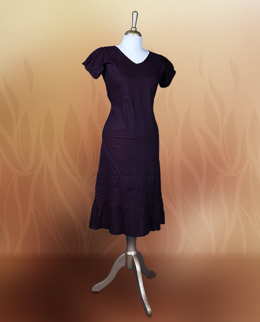 Dark blue colour nightwear with subtle stripes, featuring a flattering V neck and short sleeves, The flared hem adds charm, making it a perfect blend of elegance and comfort for any occasion.