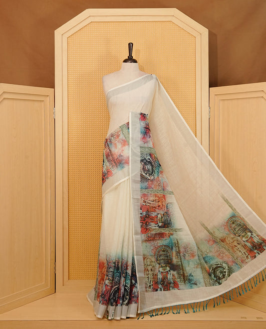 Off white Semi Linen Saree featuring One side Teal Indian Cultural Painting print, silver tissue border, comes with Matching blouse piece with same unique Pattern.