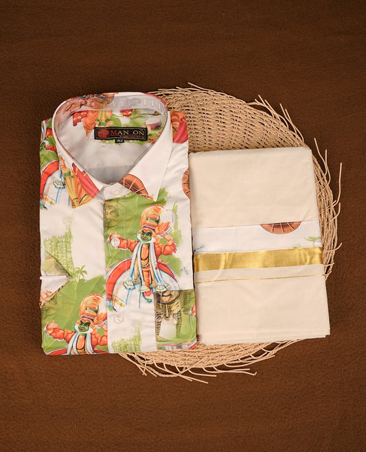 Cream colour shirt featuring  Indian art from printed body, paired with cream colour double dhoti featuring a gold kara with Same printed border.