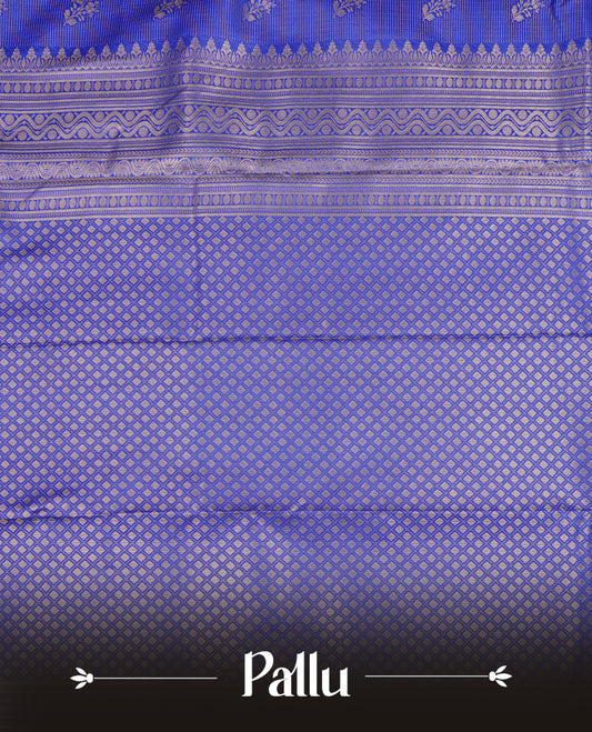 Blue Colour Semi Wedding Silk Saree Featuring Gold Zari stripes With Floral Buttas, Showcased with self colour With Traditional Border,  Paired With Matching Blouse Piece.