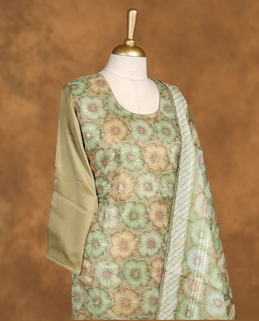 Light Green colour churidar set featuring U neckline, sleeves, and thread embroidery printed pattern on body , Paired with a matching dupatta