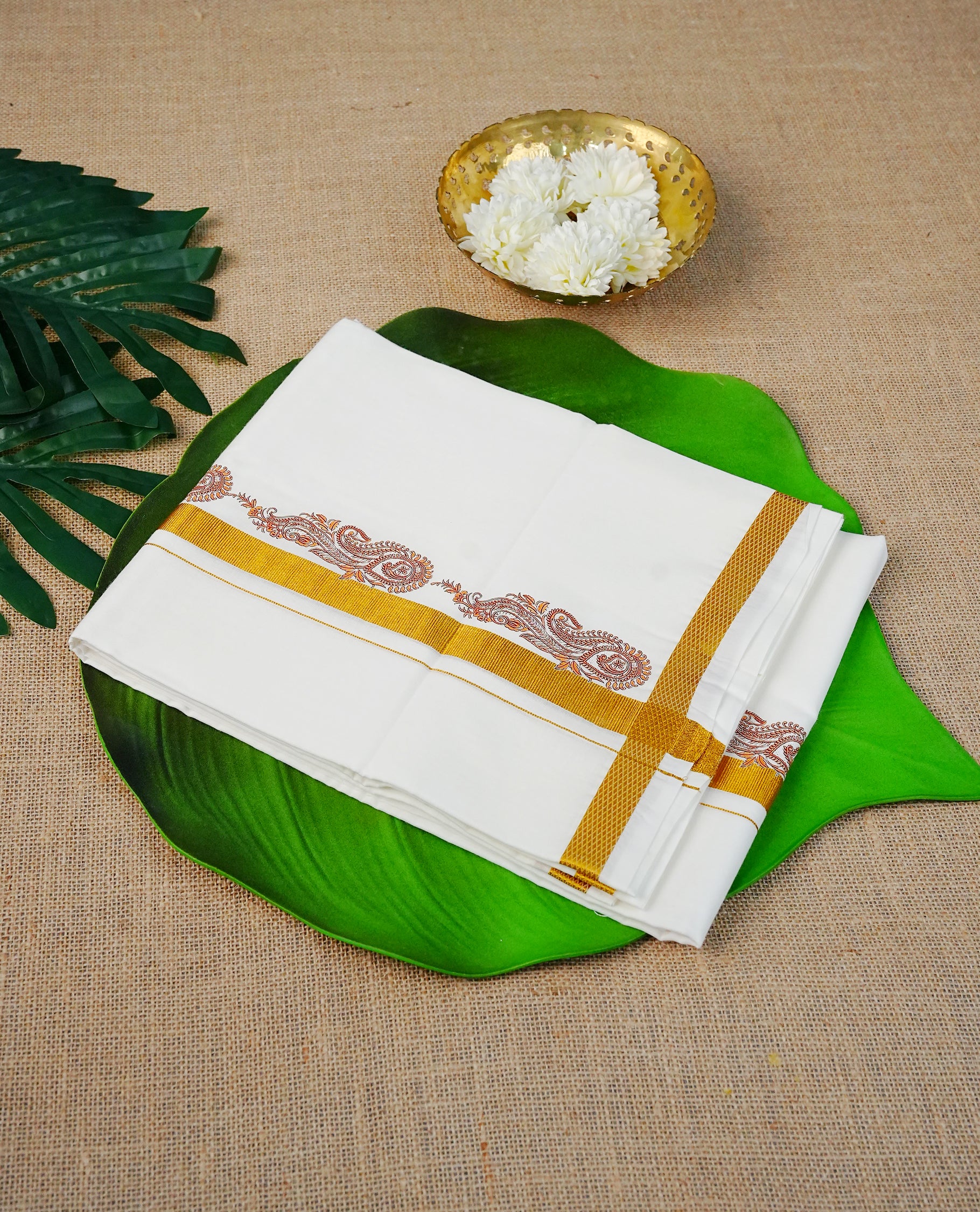 Off white Colour Cotton Double Dhoti Finished With A Classic Gold Kasav & Digital Print kara.