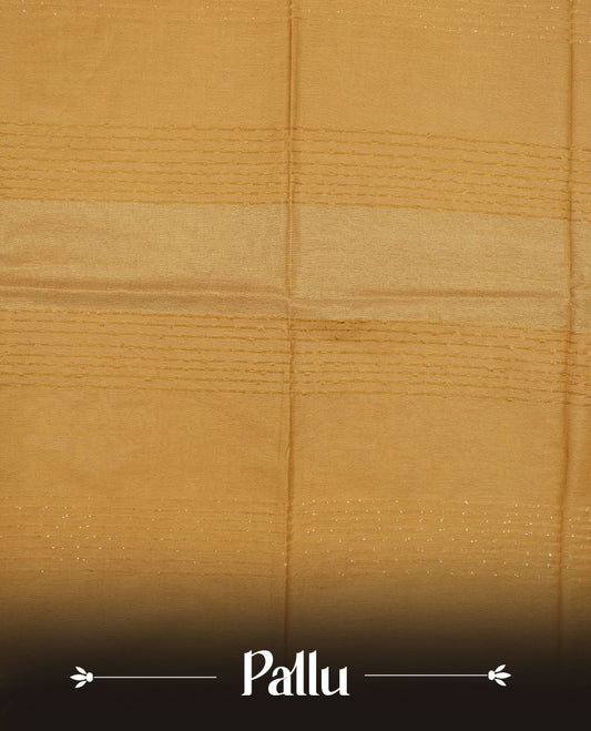 Mustard colour semi jute saree highlighting white thread motifs on body, without border and paired with matching blouse.