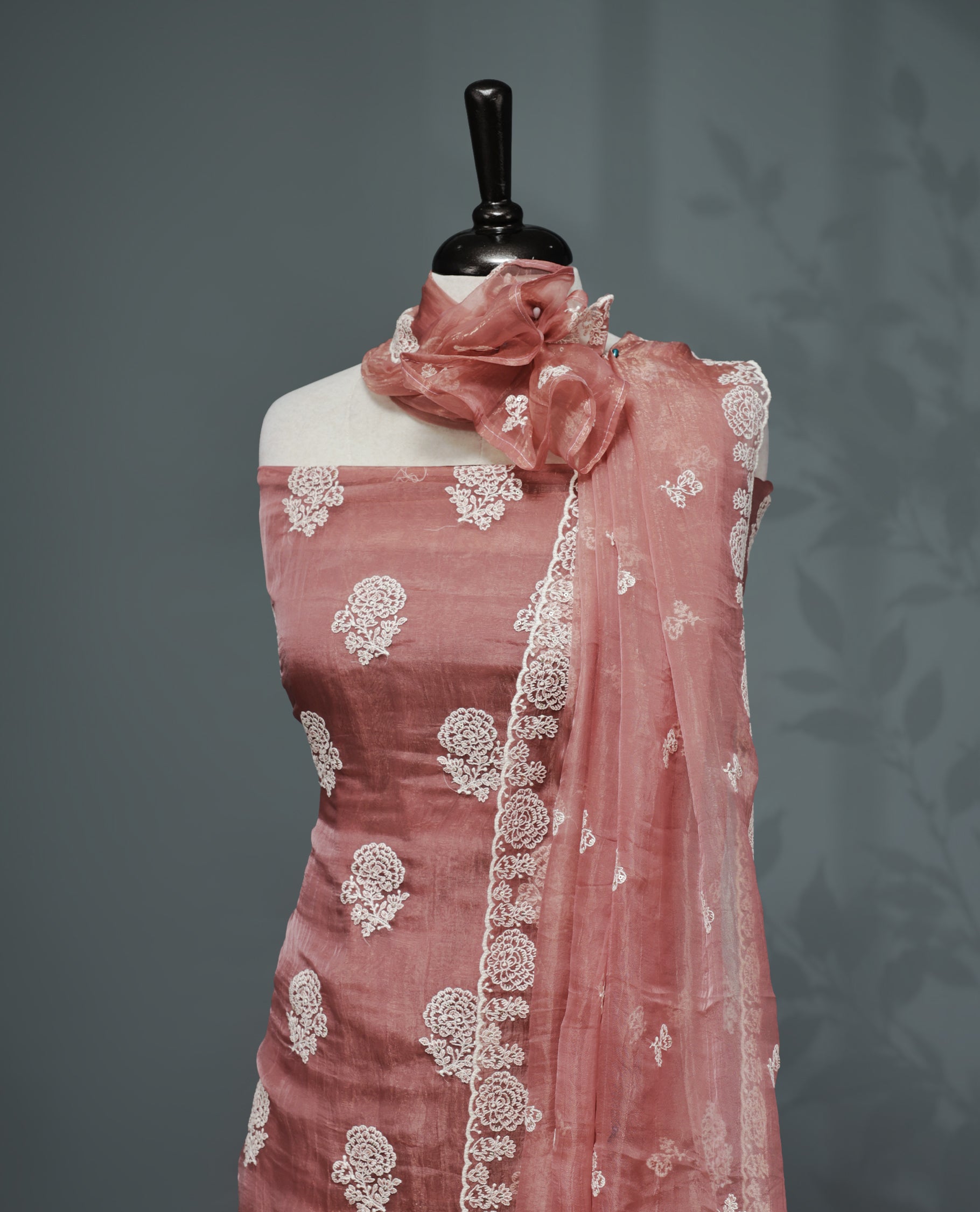 Onion pink Colour Organza  Salwar material Featuring White Embroidery Work On body & Matching Organza Dupatta with Same work & Scallop border, matching bottom.