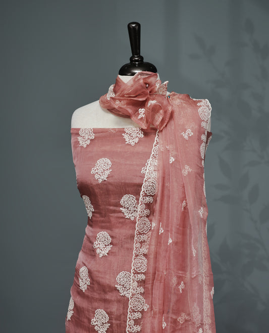 Onion pink Colour Organza  Salwar material Featuring White Embroidery Work On body & Matching Organza Dupatta with Same work & Scallop border, matching bottom.