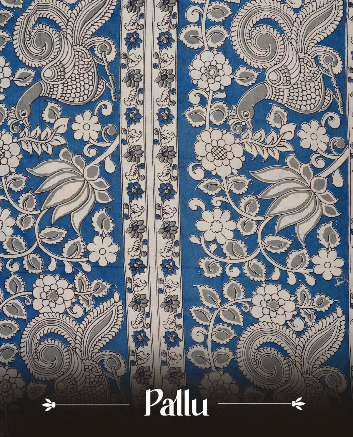 Cream & teal blue colour kalamkari cotton saree featuring kalamkari printed body & pallu, paired with a matching  contrast blouse piece.