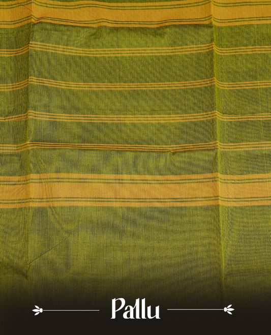 Lemon green colour chettinad cotton saree featuring elegant plain body, Contrast Magenta colour with Gold zari border, comes with matching blouse piece.