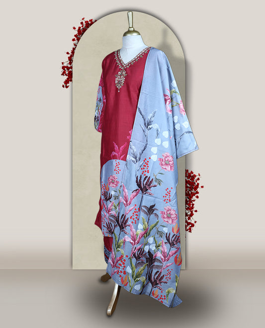 Light maroon colour churidhar set with sequin and bead embroidered neckline, paired with a light grey floral printed dupatta and matching bottom & A graceful choice for festive gatherings and casual outings.
