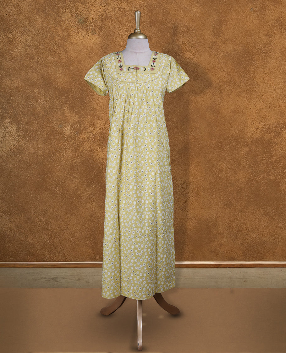 Lime green colour NStyle nighty featuring Cream Leaf patterns,a Square neckline and thread design, short sleeves, and a full ankle-length design.