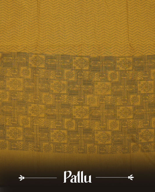 Dark Mustard Yellow Poly Cotton Saree with Black Zigzag Body Pattern, Matching Pallu in Black Chevron Lines & Panelled Floral-Paisley Design, and Coordinated Floral Paisley Printed Blouse Piece.
