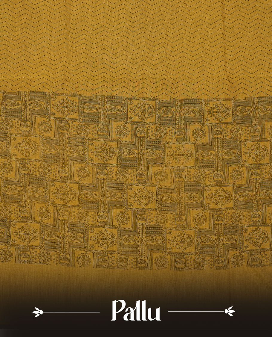 Dark Mustard Yellow Poly Cotton Saree with Black Zigzag Body Pattern, Matching Pallu in Black Chevron Lines & Panelled Floral-Paisley Design, and Coordinated Floral Paisley Printed Blouse Piece.