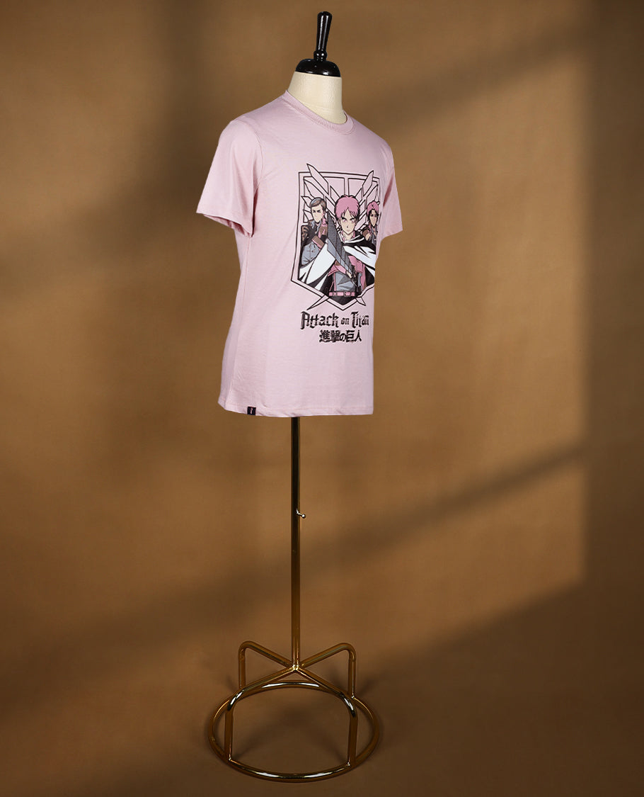 Pink colour men's T shirt featuring bold anime character print with Japanese text, made from soft fabric with half sleeves and a crew neck for a stylish and comfortable fit
