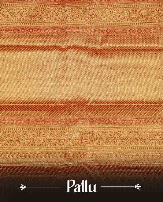 Red & Gold double shade colour Tissue silk saree featuring Silver Kodi pattern on body, complemented by Contrast Red & green With Gold Zari border, comes with matching blouse piece.