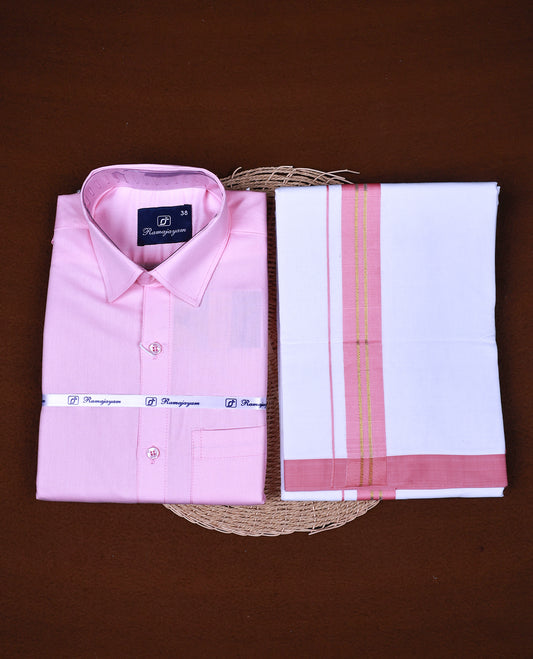 Pink colour RAMAJAYAM shirt paired with a matching dhoti, finishing with a Pink kara