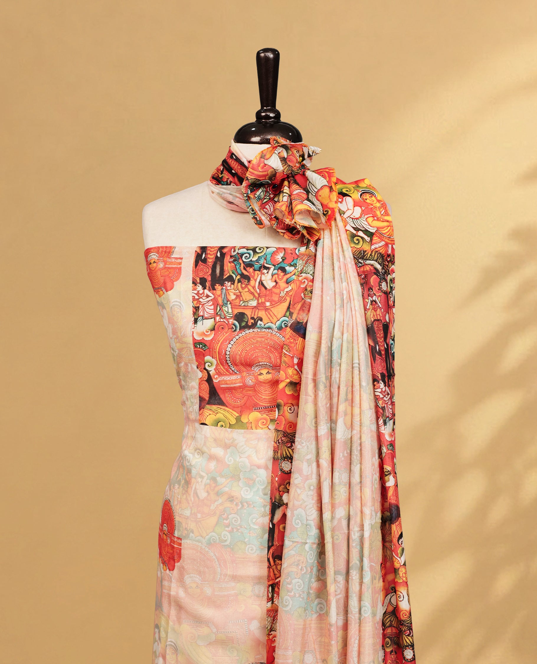 Cream colour salwar material Featuring Indian Culture Art Forms Theme Print on body, paired with matching bottom & Elegant Dupatta