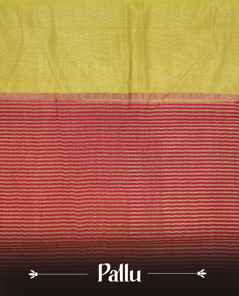 Green colour semi tussar saree featuring elegant plain body, contrast maroon colour gold zari border and comes with matching blouse piece.