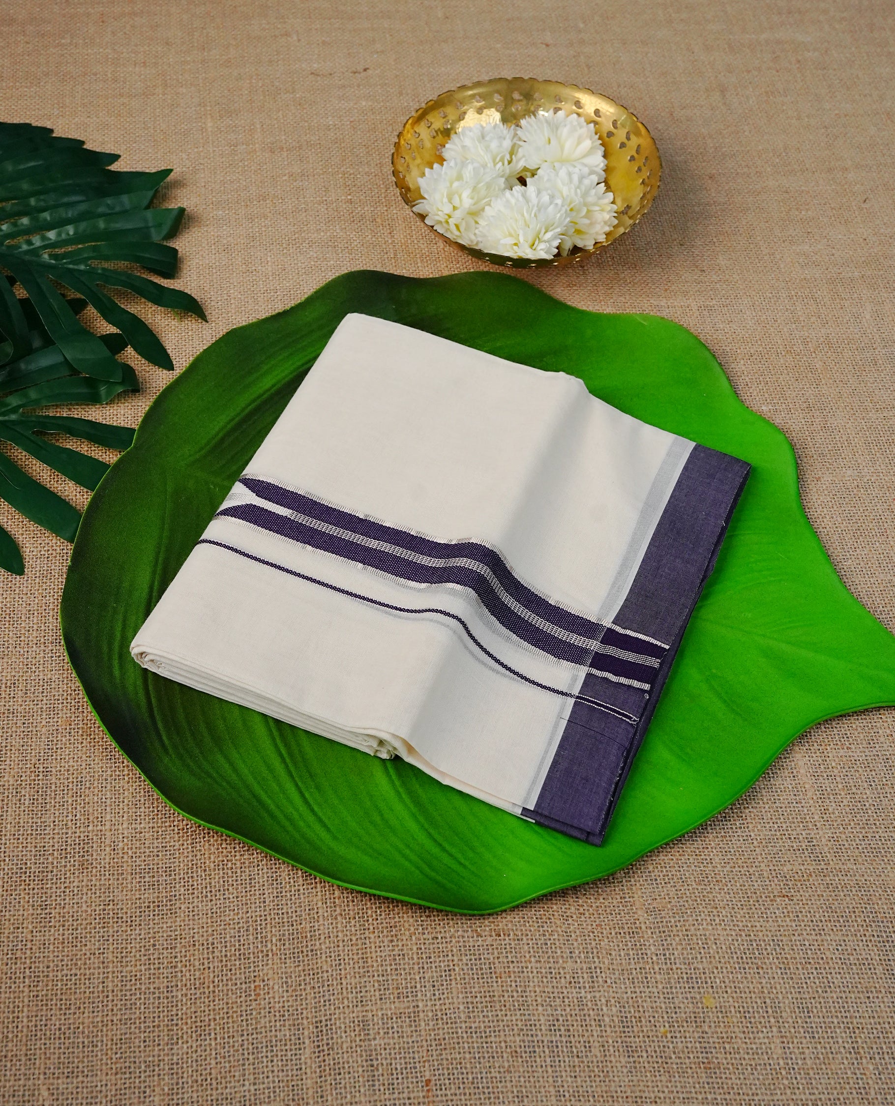 Cream Colour Cotton Double Dhoti Finished With A Classic Silver Zari with Blue design Kara