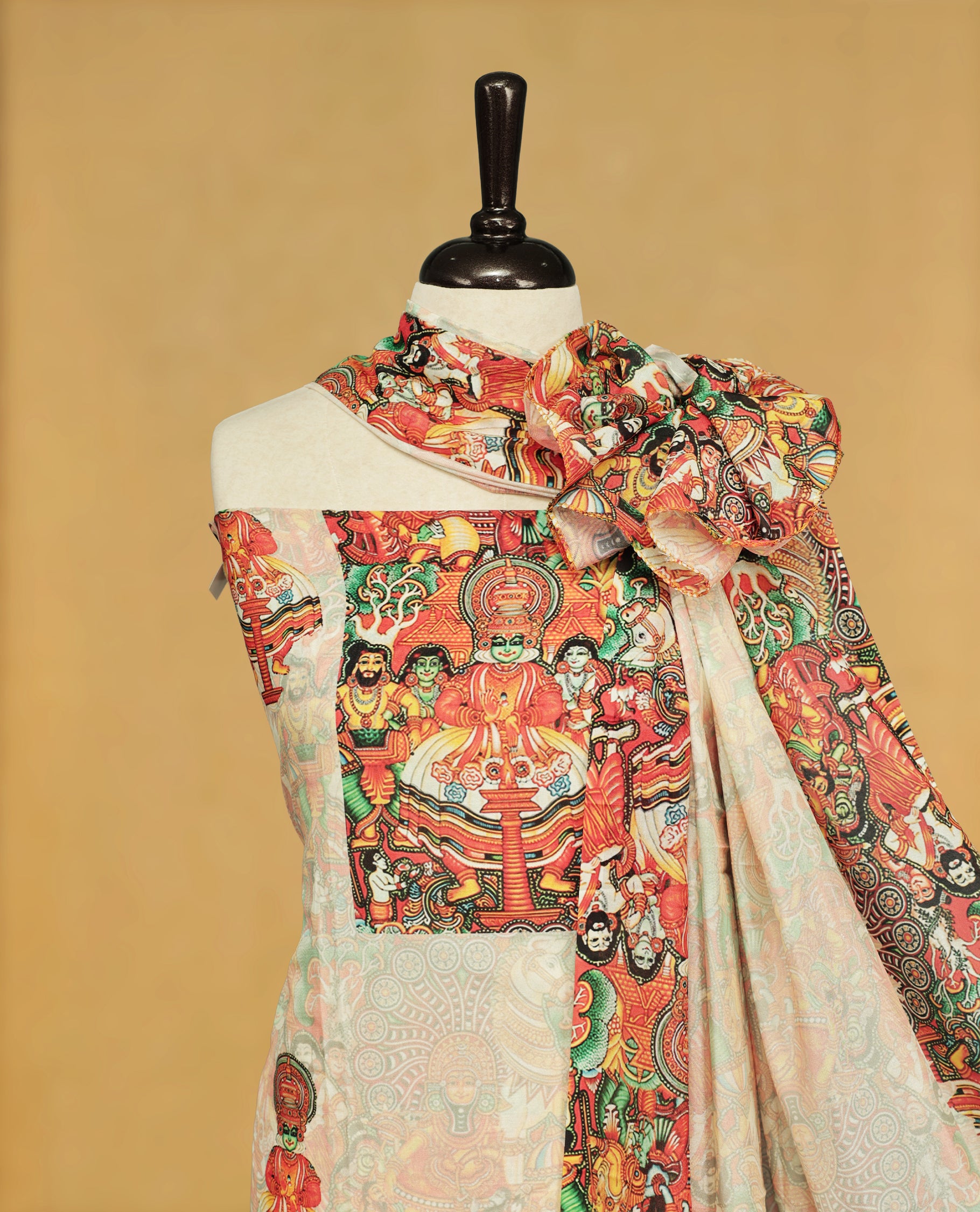Cream colour salwar material Featuring Indian Art forms Print on body, paired with matching bottom & Elegant Dupatta.