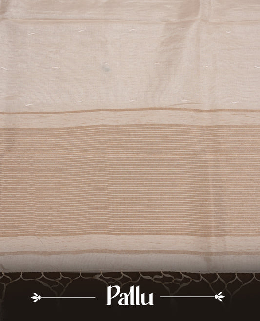 Beige colour Tussar silk saree featuring Elegant plain body, highlighting Pink colour cut work with gold zari border, pallu and paired with matching blouse piece.