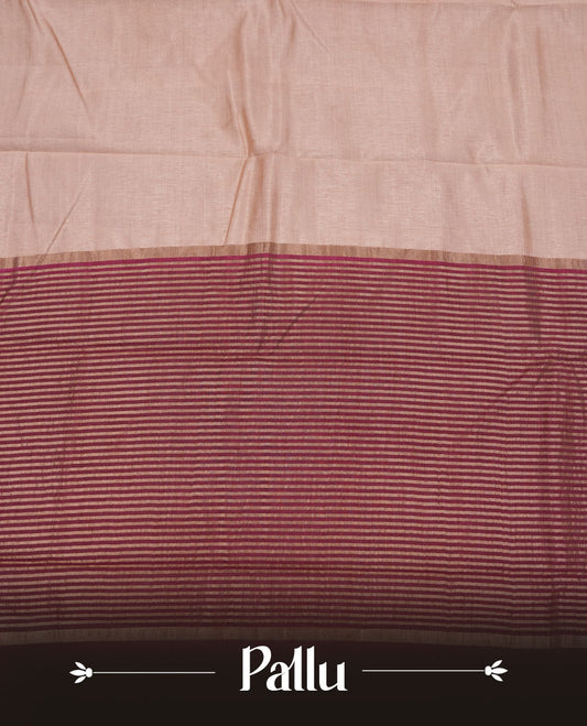 Cream colour tussar silk saree featuring elegant plain body, contrast Maroon colour border with gold zari, comes with matching blouse piece.