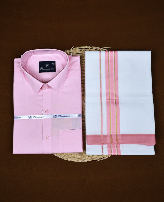 Pink Colour  RAMAJAYAM shirt paired with a matching dhoti, finishing with a Pink & gold kara