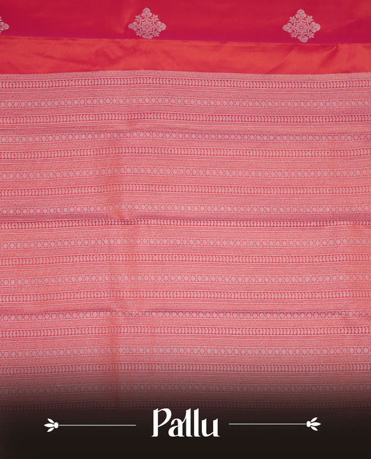 Red colour soft silk saree featuring rose Gold zari motifs on body, complemented by self colour with traditional border, paired with matching blouse piece.