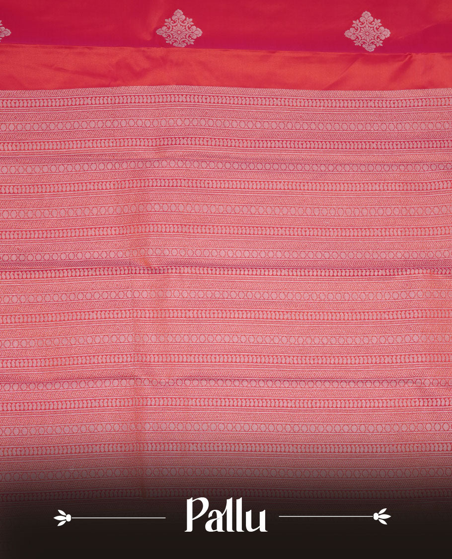 Red colour soft silk saree featuring rose Gold zari motifs on body, complemented by self colour with traditional border, paired with matching blouse piece.