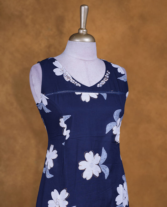 Dark blue colour N Style coord set with floral prints all over,  featuring a thread & beats work on around neckline and 3/4 sleeves, Paired with matching straight pants.