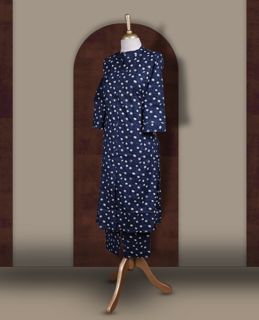 Navy blue colour coord set with beige prints all over, featuring a smart mandarin collar and 3/4 sleeves, Paired with matching straight pants, this set blends comfort and elegance for a stylish everyday look.