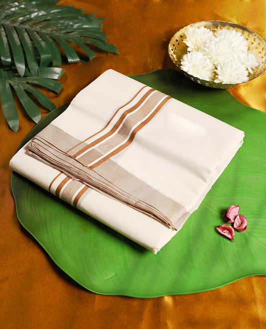 Elegant off white colour pure cotton double dhoti, designed with a refined olive brown border, A subtle and classic choice, perfect for traditional ceremonies, weddings, and festive occasions.