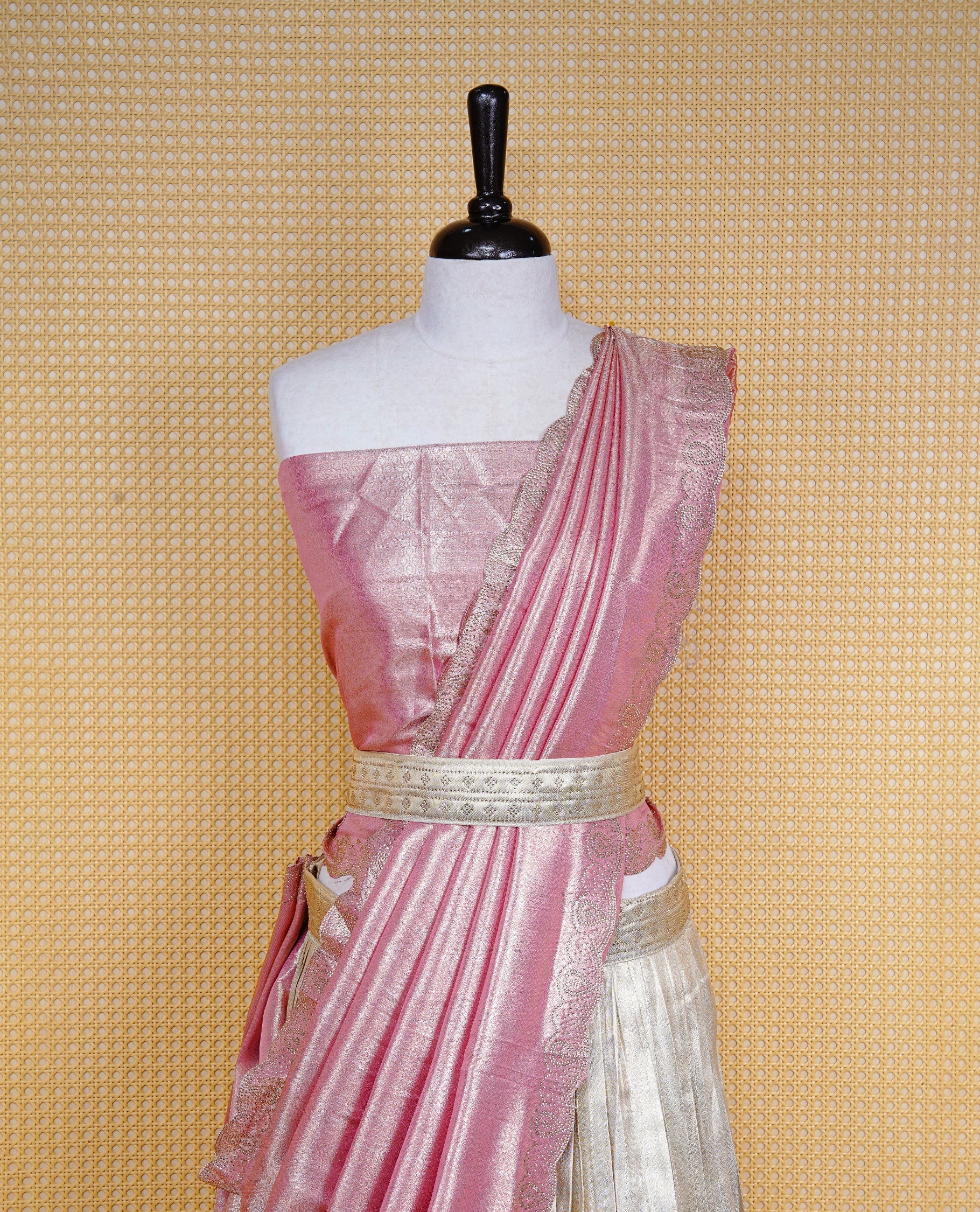 Light gold & Light pink Semi Stitched Dhavani Set Light Gold Skirt With Floral Pattern & Stone Worked Border, Paired with Unstitched Blouse, Elegant Dupatta For Prefect look.