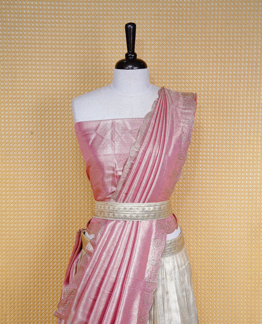 Light gold & Light pink Semi Stitched Dhavani Set Light Gold Skirt With Floral Pattern & Stone Worked Border, Paired with Unstitched Blouse, Elegant Dupatta For Prefect look.