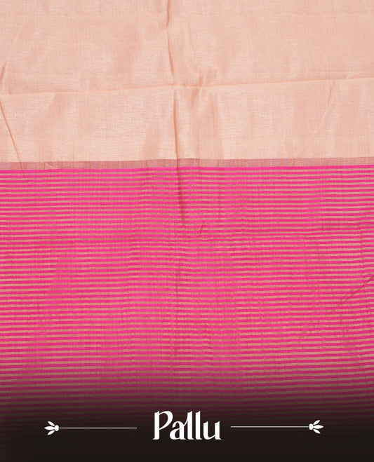 Cream colour tussar silk saree featuring elegant plain body, contrast meganta colour border with gold zari, comes with matching blouse piece.