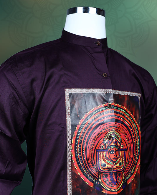 Deep purple men’s shirt crafted in a smooth finish, featuring a mandarin collar, full sleeves, and a striking multicolour traditional printed panel on the front, ideal for festive and cultural occasions.