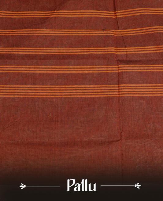 Maroon colour chettinad cotton saree featuring Elegant plain body, complemented by contrast Black colour with gold zari border, comes with matching blouse piece.
