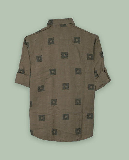 Pastel brown colour shirt featuring a modern geometric square print and subtle grid texture, Designed with full sleeves and a chest pocket & its ideal for both casual days and laid back evenings.