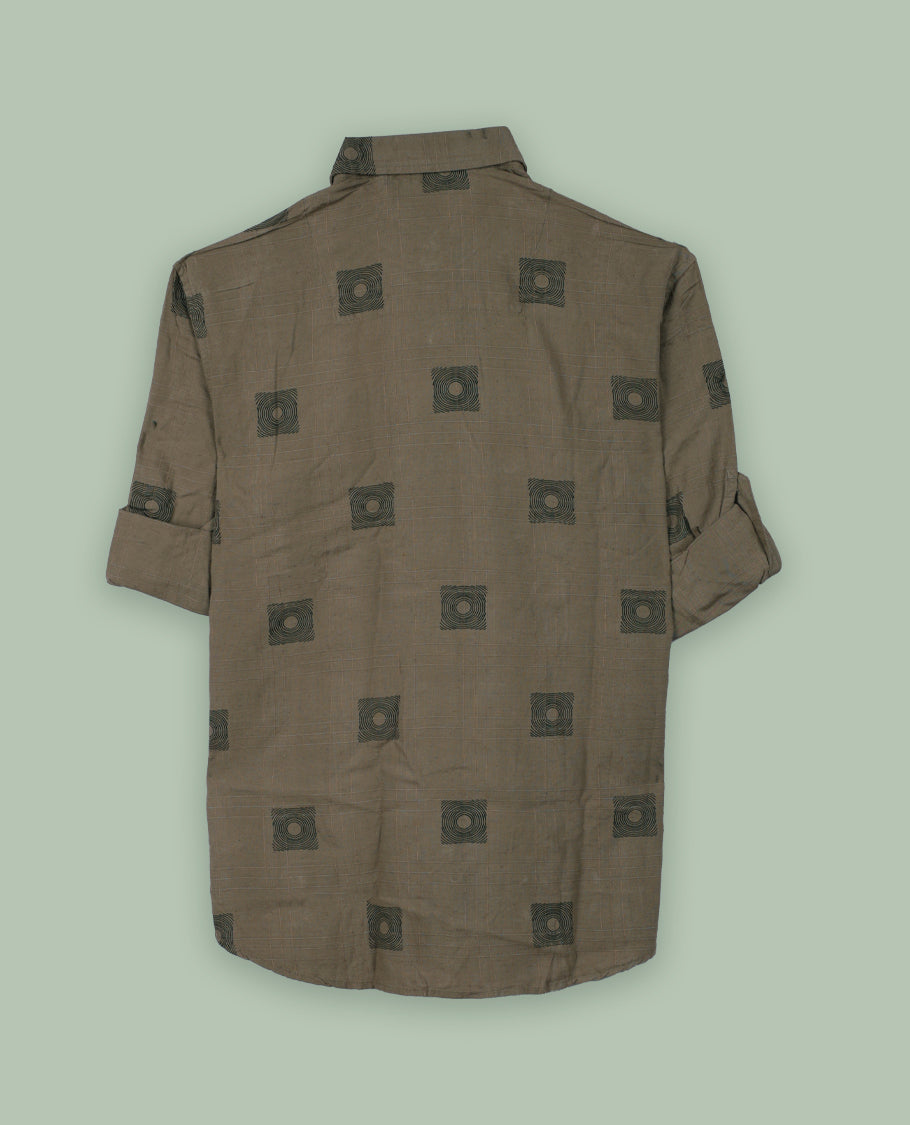 Pastel brown colour shirt featuring a modern geometric square print and subtle grid texture, Designed with full sleeves and a chest pocket & its ideal for both casual days and laid back evenings.