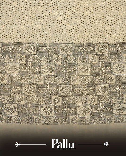 Cream colour poly cotton saree with black zigzag line pattern on the body, paired with a matching pallu featuring black chevron lines and panelled floral‑paisley design, and a coordinated all‑over floral paisley patch‑style printed blouse piece.