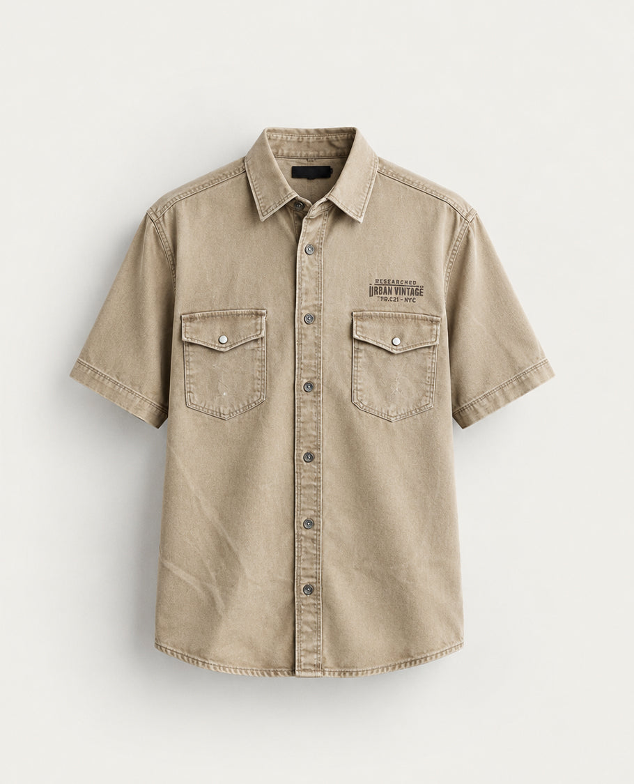 Beige colour shirt denim style with Pockets on body, Half sleeve.