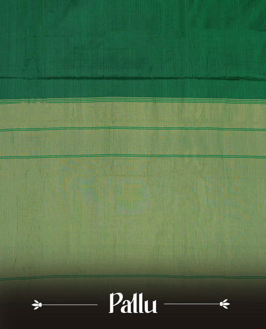 Dark green colour Narayanapattu cotton saree featuring a self coloured body, contrast Cream colour zari border and pallu, pairing a matching blouse piece.